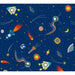 image of a square of wrapping paper, the paper is dark blue in colour and features lots of child friendly illustrated images of space objects such as planets, rockets and comets