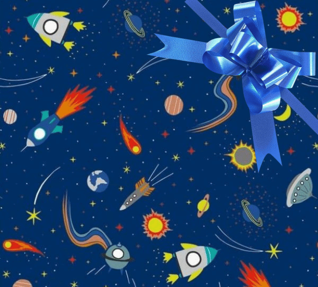 image of a square of wrapping paper, the paper is dark blue in colour and features lots of child friendly illustrated images of space objects such as planets, rockets and comets, in the corner of the gift wrap paper is a silver gift wrapping bow