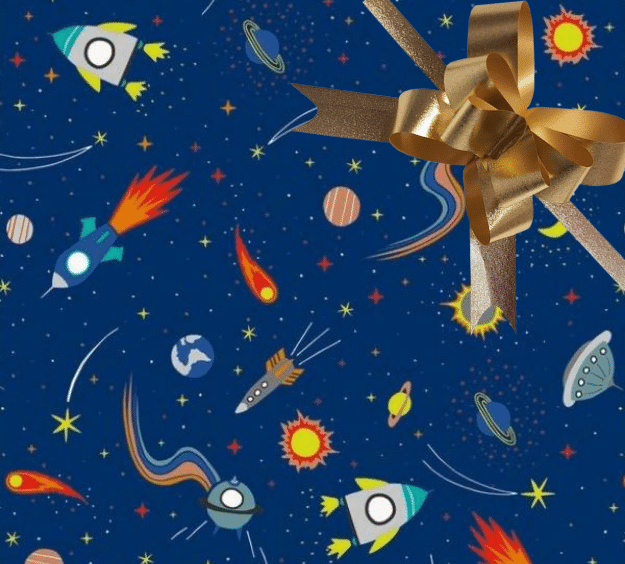 image of a square of wrapping paper, the paper is dark blue in colour and features lots of child friendly illustrated images of space objects such as planets, rockets and comets