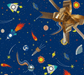 image of a square of wrapping paper, the paper is dark blue in colour and features lots of child friendly illustrated images of space objects such as planets, rockets and comets