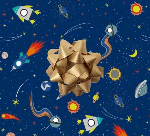 image of a square of wrapping paper, the paper is dark blue in colour and features lots of child friendly illustrated images of space objects such as planets, rockets and comets, in the corner of the gift wrap paper is a gold gift wrapping bow