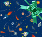 image of a square of wrapping paper, the paper is dark blue in colour and features lots of child friendly illustrated images of space objects such as planets, rockets and comets, in the corner of the gift wrap paper is a green gift wrapping bow
