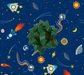 image of a square of wrapping paper, the paper is dark blue in colour and features lots of child friendly illustrated images of space objects such as planets, rockets and comets