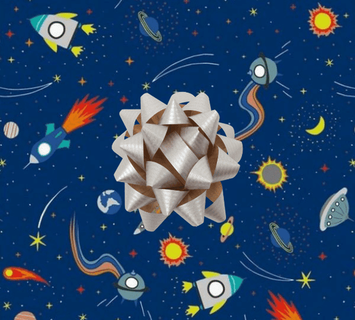image of a square of wrapping paper, the paper is dark blue in colour and features lots of child friendly illustrated images of space objects such as planets, rockets and comets, in the corner of the gift wrap paper is a red gift wrapping bow
