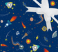 image of a square of wrapping paper, the paper is dark blue in colour and features lots of child friendly illustrated images of space objects such as planets, rockets and comets, in the centre of the gift wrap paper is a silver paper gift wrapping bow