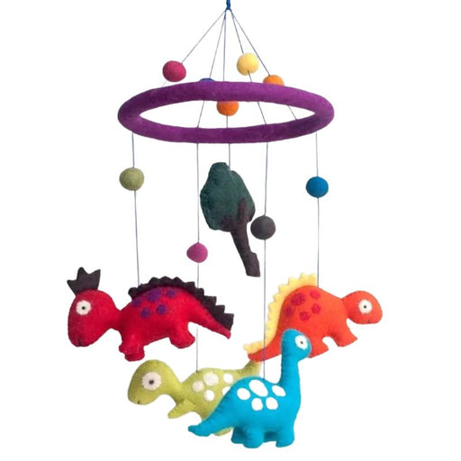 This delightful felt Dinosaur Mobile by The Winding Road is a beautiful addition to your Nursery. Featuring five differently coloured, cute dinosaurs. Approximately 20" tall and 7.5" wide. Made from 100% natural wool. No chemicals are used during production.