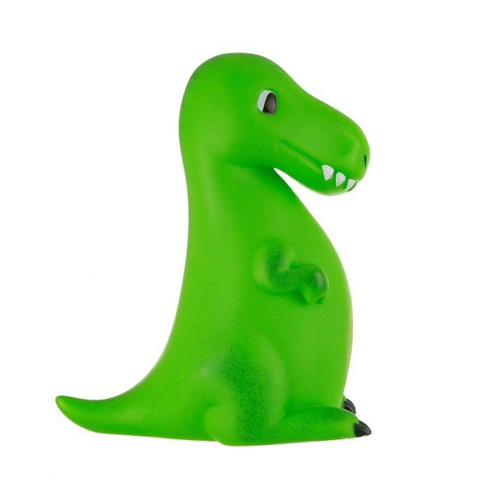 image of a childs nightlight in the shape of a bright green coloured friendly dinosaur who has a look of a cute tyrannosaurus rex