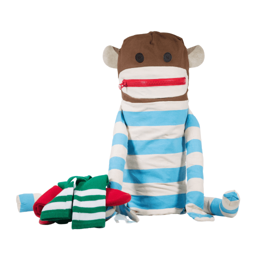 dirty sock monkey shows a brown toy monkey with a red zipper mouth. The monkey is wearing a blue and white striped top and sat to a small pile of dirty laundry/socks.