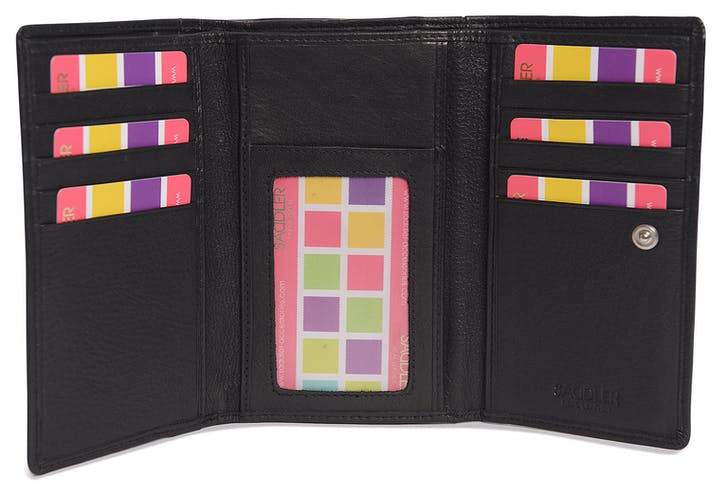 Image of a saddler eleanor trifold rfid wallet clutch purse with zipper coin purse in Black. It is made from leather