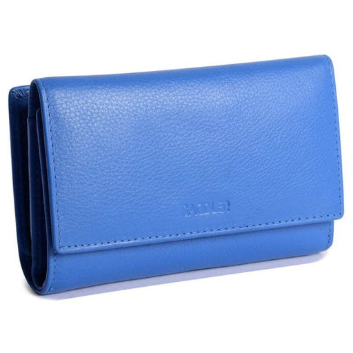 Image of a saddler eleanor trifold rfid clutch purse with zipper coin purse in light blue. It is made from leather and has the Saddler logo on the embossed/indented in the front.