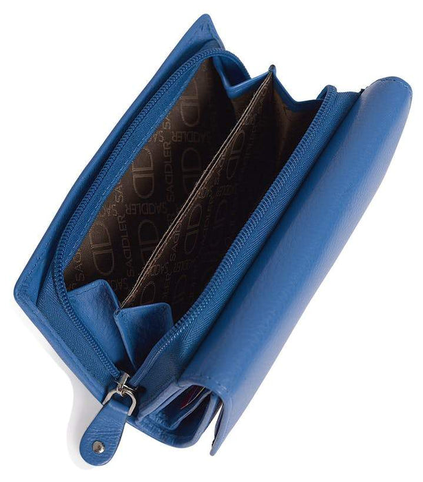 Image of a saddler eleanor purse, a trifold rfid wallet clutch purse with zipper coin purse in light blue. It is made from leather and shwon from the top, with zip opened to reveal a section for holding coins. 