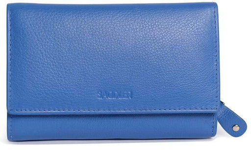 Image of a saddler eleanor purse, a trifold rfid wallet clutch purse with zipper coin purse in Blue. It is made from leather, has the saddler logo indented on the front, shown from a front angle with zip to the left.