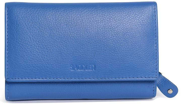 Image of a saddler eleanor purse, a trifold rfid wallet clutch purse with zipper coin purse in Blue. It is made from leather, has the saddler logo indented on the front, shown from a front angle with zip to the left.
