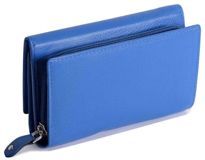 Saddler "Eleanor" Trifold RFID Wallet Clutch Purse With Zipper Coin Purse in Light Blue Leather.  With Rfid protection built in and presented in its own gift box. This medium size purse holds 10 credit cards and features a deep, wide pocket for notes. There's also a centre window for ID/pass card and a large zipped coin purse to rear. Approximate Size: 14.0 x 9.5 x 4.0cm when closed. 12 month warranty for normal use.