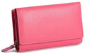 Saddler "Paula” Trifold Leather Wallet Clutch Purse With Zipper Coin Purse in Fuchsia.  Presented in its own gift box. his medium size purse holds 8 credit cards and features a deep, wide pocket for notes. There's also a centre window for ID/pass card and a generous 2 section zipped coin purse to rear for easy access. Size: 12.0 x 10.5 x 4.0cm when closed. 12 month warranty for normal use.