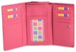 Image of a saddler eleanor trifold rfid wallet clutch purse with zipper coin purse in fuschia. It is made from leather