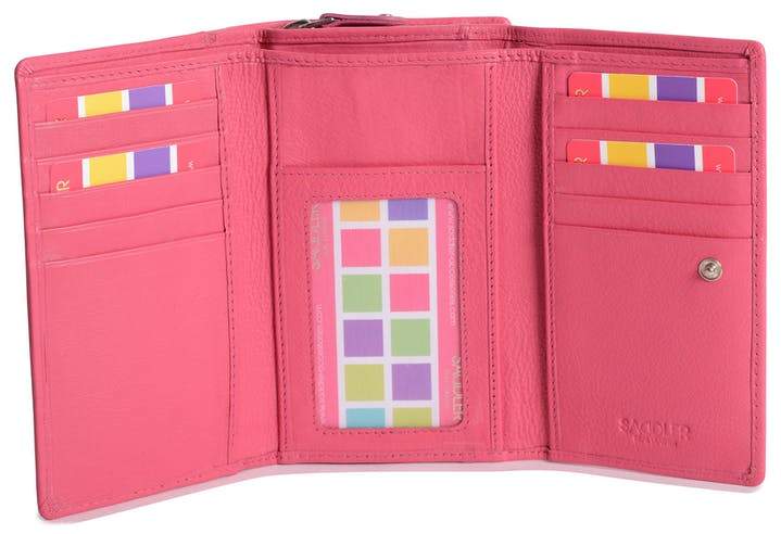 Image of a saddler eleanor trifold rfid wallet clutch purse with zipper coin purse in fuschia. It is made from leather