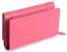 Image of a saddler eleanor trifold rfid wallet clutch purse with zipper coin purse in fuschia. It is made from leather