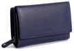 Saddler "Eleanor" Trifold RFID Wallet Clutch Purse With Zipper Coin Purse in Navy Blue Leather.  With Rfid protection built in and presented in its own gift box. This medium size purse holds 10 credit cards and features a deep, wide pocket for notes. There's also a centre window for ID/pass card and a large zipped coin purse to rear. Approximate Size: 14.0 x 9.5 x 4.0cm when closed. 12 month warranty for normal use.