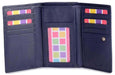 Image of a saddler eleanor trifold rfid wallet clutch purse with zipper coin purse in navy blue. It is made from leather