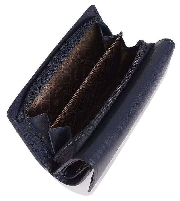 Image of a saddler eleanor trifold rfid wallet clutch purse with zipper coin purse in navy blue. It is made from leather