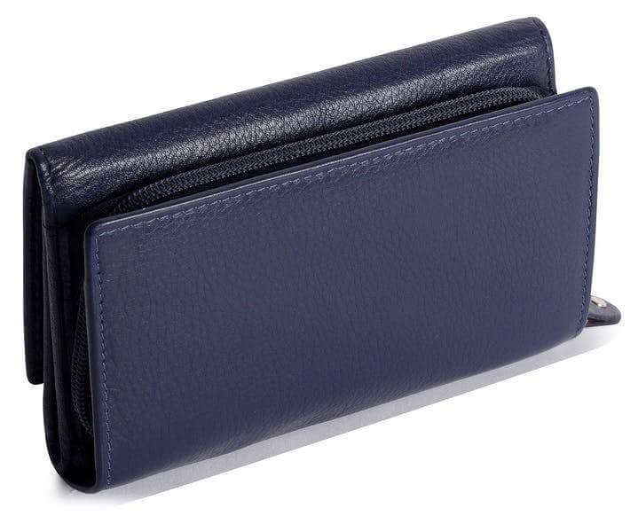 Image of a saddler eleanor trifold rfid wallet clutch purse with zipper coin purse in navy blue. It is made from leather