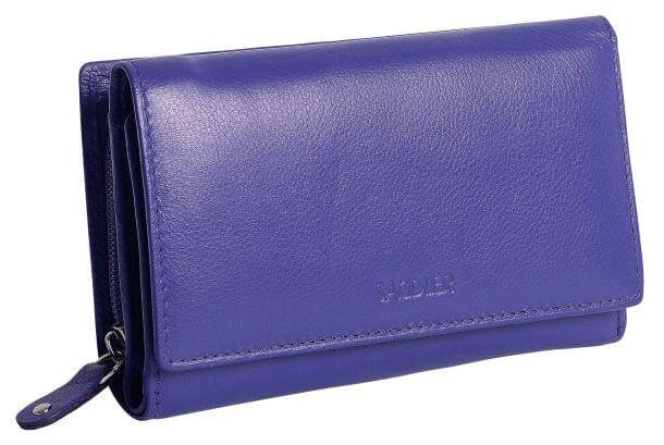 Saddler "Eleanor" Trifold RFID Wallet Clutch Purse With Zipper Coin Purse in Purple Leather.  With Rfid protection built in and presented in its own gift box. This medium size purse holds 10 credit cards and features a deep, wide pocket for notes. There's also a centre window for ID/pass card and a large zipped coin purse to rear. Approximate Size: 14.0 x 9.5 x 4.0cm when closed. 12 month warranty for normal use.