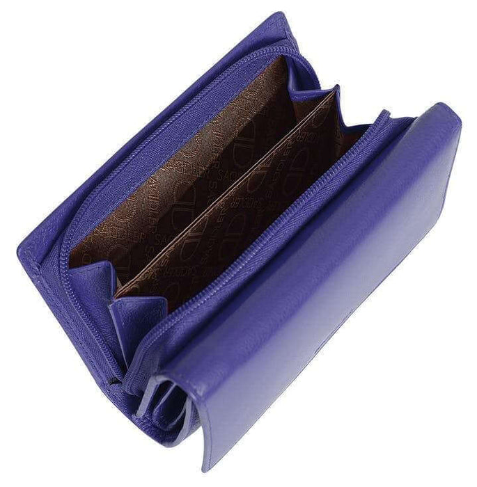 Image of a saddler eleanor trifold rfid wallet clutch purse with zipper coin purse in purple. It is made from leather