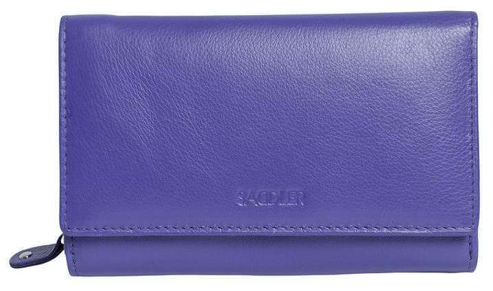 Image of a saddler eleanor trifold rfid wallet clutch purse with zipper coin purse in purple. It is made from leather