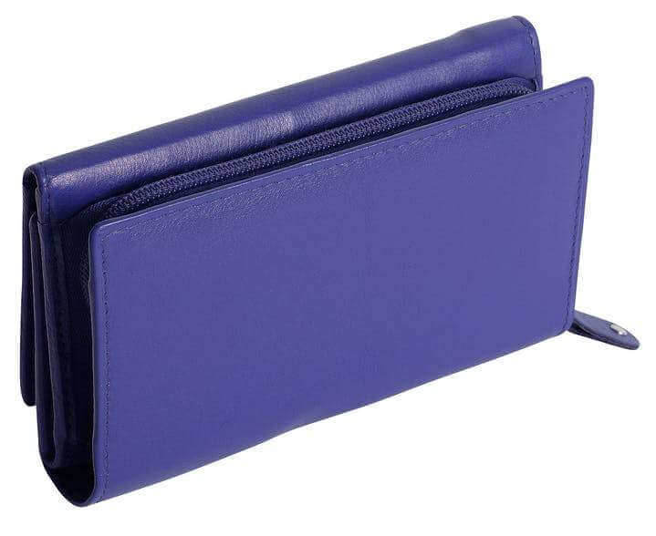 Image of a saddler eleanor trifold rfid wallet clutch purse with zipper coin purse in purple. It is made from leather