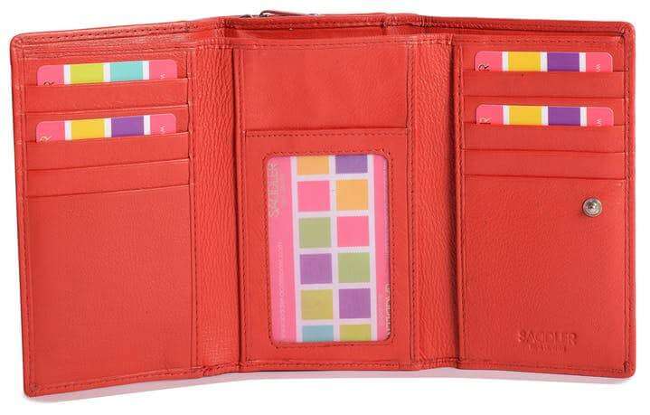 Image of a saddler eleanor trifold rfid wallet clutch purse with zipper coin purse in red. It is made from leather