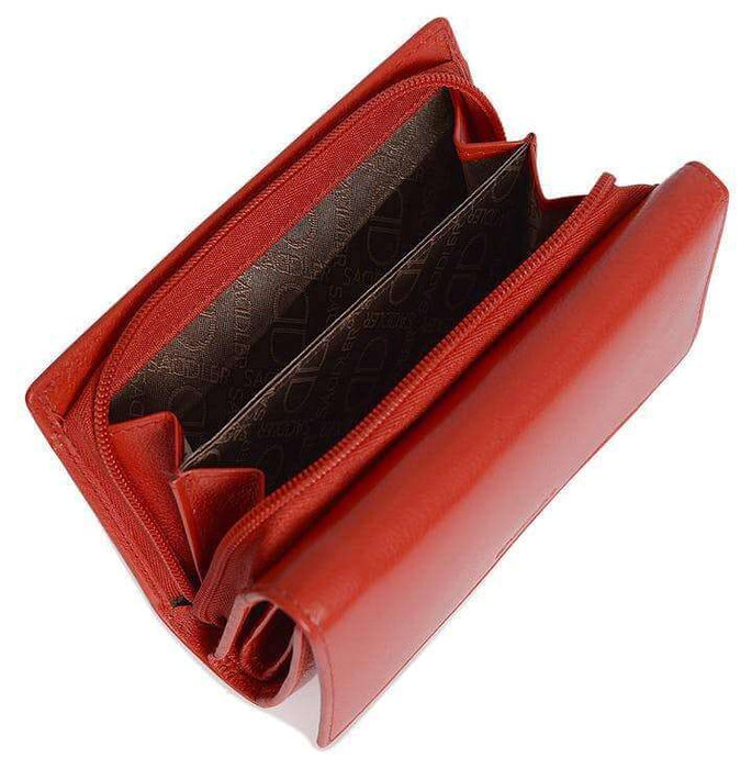 Image of a saddler eleanor trifold rfid wallet clutch purse with zipper coin purse in red. It is made from leather