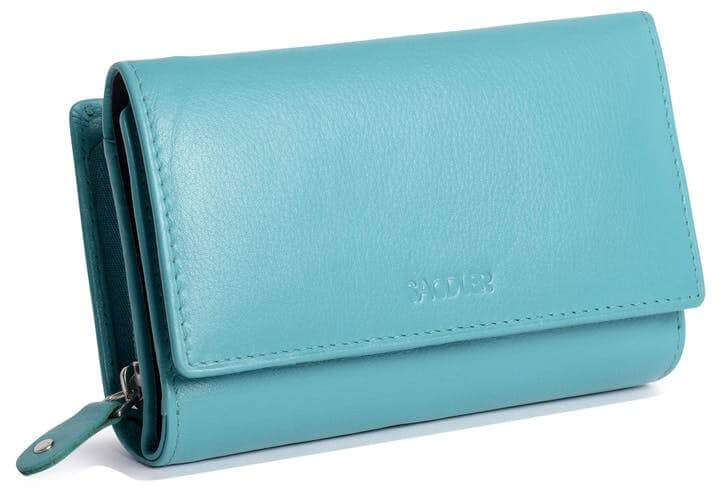 Saddler "Paula” Trifold Leather Wallet Clutch Purse With Zipper Coin Purse in Teal.  Presented in its own gift box. his medium size purse holds 8 credit cards and features a deep, wide pocket for notes. There's also a centre window for ID/pass card and a generous 2 section zipped coin purse to rear for easy access. Size: 12.0 x 10.5 x 4.0cm when closed. 12 month warranty for normal use.