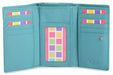 Image of a saddler eleanor trifold rfid wallet clutch purse with zipper coin purse in teal. It is made from leather