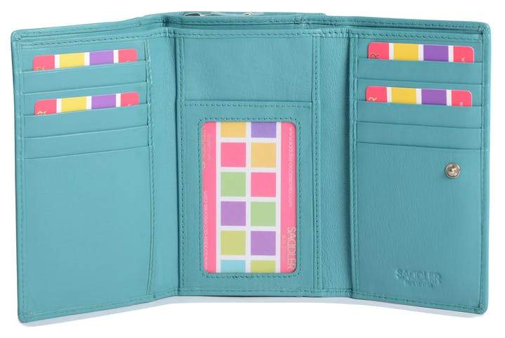 Image of a saddler eleanor trifold rfid wallet clutch purse with zipper coin purse in teal. It is made from leather