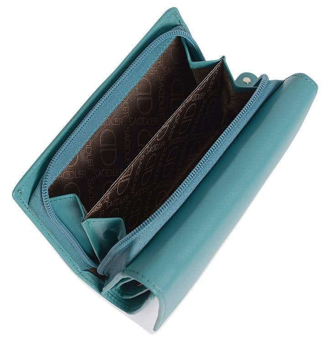 Image of a saddler eleanor trifold rfid wallet clutch purse with zipper coin purse in teal. It is made from leather