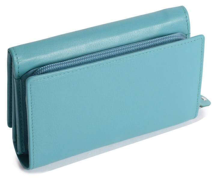 Image of a saddler eleanor trifold rfid wallet clutch purse with zipper coin purse in teal. It is made from leather
