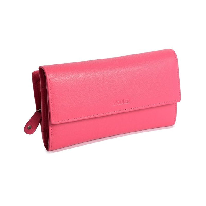 Saddler "Ella" Large Multi-Section Purse Wallet with Zipper Coin Purse in Fuchsia. This popular compact purse made from luxurious leather accommodates up to 20 credit cards and provides a roomy zipper purse to the centre for coins and small keys. It also features a large window section for ID or pass card with inner extension wing for extra card storage and secure tab closure. Approximate Size: 18 x 10 x 4cm when closed. 12 month warranty for normal use.