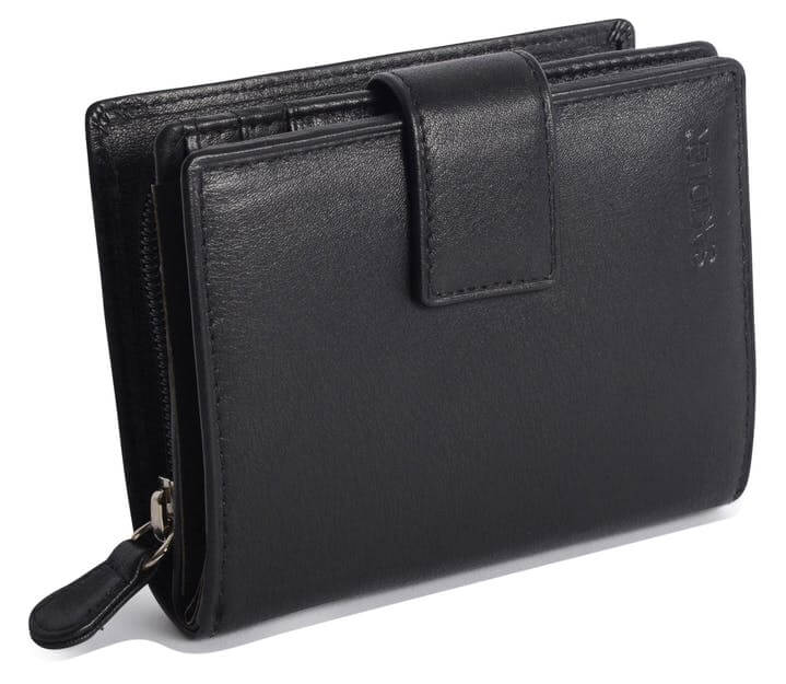 Saddler "Emily" Medium Bifold Purse Wallet with Zipper Coin Purse in Black. This popular compact purse made from luxurious leather accommodates up to 10 credit cards and provides a roomy zipper purse to the rear for coins and small keys. It also features a large window section for ID or pass card with inner extension wing for extra card storage and secure tab closure. Approximate Size: 11.5 x 9.5 x 3.5cm when closed. 12 month warranty for normal use.