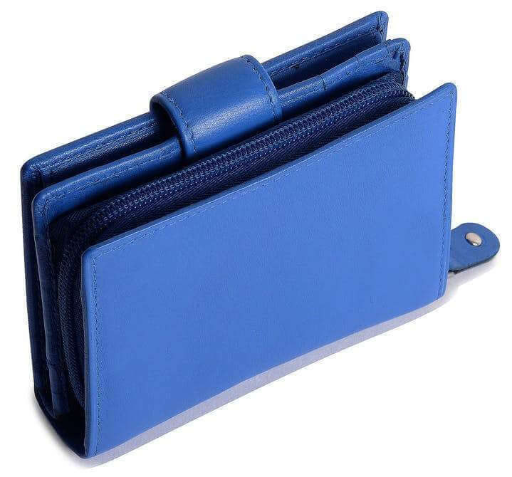 Image of a saddler emily medium bifold purse wallet with zipper coin purse in Blue. It is made from leather