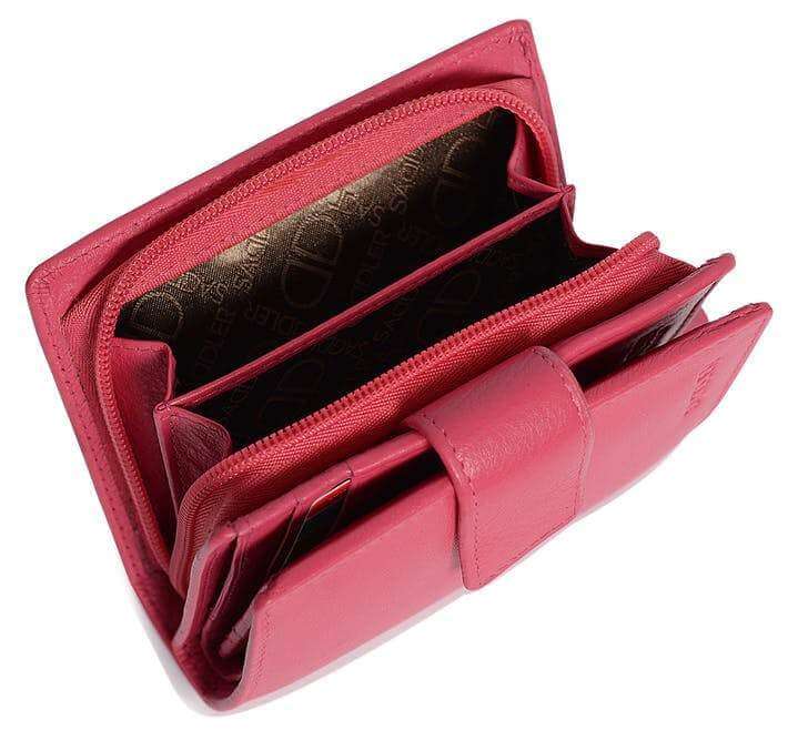 Image of a saddler emily medium bifold purse wallet with zipper coin purse in fuschia. It is made from leather