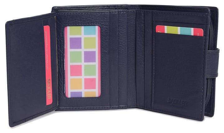 Image of a saddler emily medium bifold purse wallet with zipper coin purse in navy blue. It is made from leather