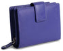 Saddler "Emily" Medium Bifold Purse Wallet with Zipper Coin Purse in Purple. This popular compact purse made from luxurious leather accommodates up to 10 credit cards and provides a roomy zipper purse to the rear for coins and small keys. It also features a large window section for ID or pass card with inner extension wing for extra card storage and secure tab closure. Approximate Size: 11.5 x 9.5 x 3.5cm when closed. 12 month warranty for normal use.