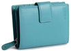 Saddler "Emily" Medium Bifold Purse Wallet with Zipper Coin Purse in Teal. This popular compact purse made from luxurious leather accommodates up to 10 credit cards and provides a roomy zipper purse to the rear for coins and small keys. It also features a large window section for ID or pass card with inner extension wing for extra card storage and secure tab closure. Approximate Size: 11.5 x 9.5 x 3.5cm when closed. 12 month warranty for normal use.