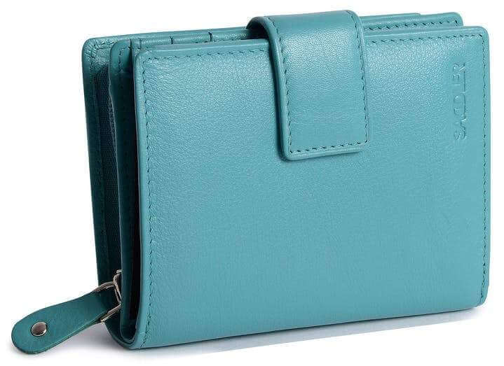 Saddler "Emily" Medium Bifold Purse Wallet with Zipper Coin Purse in Teal. This popular compact purse made from luxurious leather accommodates up to 10 credit cards and provides a roomy zipper purse to the rear for coins and small keys. It also features a large window section for ID or pass card with inner extension wing for extra card storage and secure tab closure. Approximate Size: 11.5 x 9.5 x 3.5cm when closed. 12 month warranty for normal use.