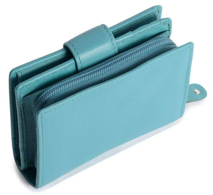 Image of a saddler emily medium bifold purse wallet with zipper coin purse in teal. It is made from leather