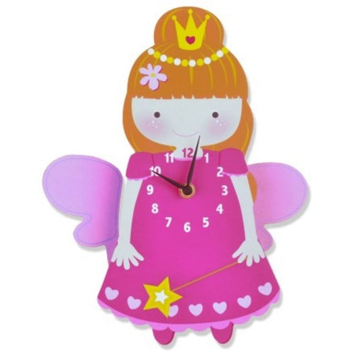 Fun wooden, pink, Fairy clock with moving pendulum parts. Watch out as the fairy's wings swing up and down in time with the clock movement. ge: 3-9 (22 x 29 cm). Requires 2 x AA Batteries - Not included.