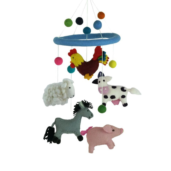 This delightful felt Farm Animals Mobile by The Winding Road is a beautiful addition to your Nursery. Featuring a Rooster, a Cow, a Donkey, a Sheep and a Pig. Approximately 20" tall and 7.5" wide. Handmade from 100% natural wool. No chemicals are used during production.