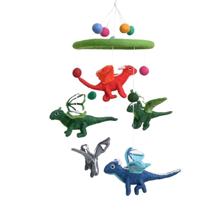This delightful felt Flying Dragons Mobile by The Winding Road is a beautiful addition to your Nursery. Featuring 5 differently coloured flying dragons. Approximately 20" tall and 7.5" wide. Handmade from 100% natural wool. No chemicals are used during production.