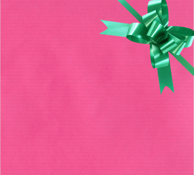 image of a square of pink wrapping paper, the paper is a solid fuchsia kraft paper, in the centre of the gift wrap paper is a gold paper gift wrapping bow